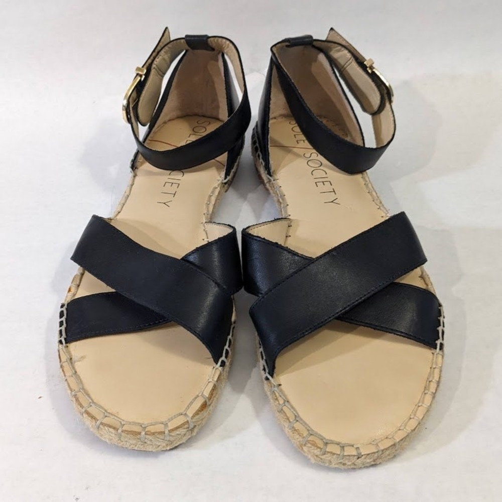 Sole Society Saundra Black Leather Espadrille Ankle Strap Sandals Womens 9.5 M